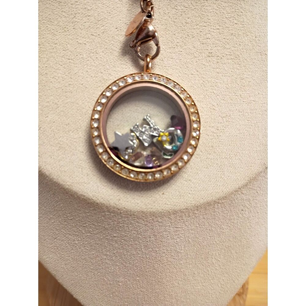Oragami Owl Charm Locket Necklace Rose Gold Tone including 3 Crystals & 5 Charms - Picture 2 of 7